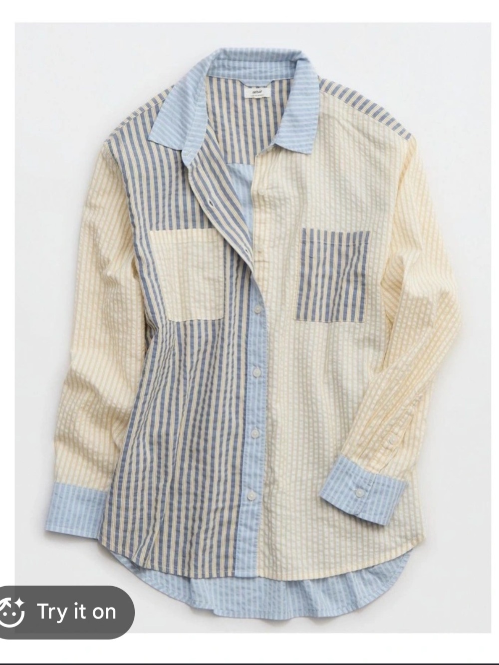 aerie Patchwork Seersucker Button-Down Shirt in Blue and Cream